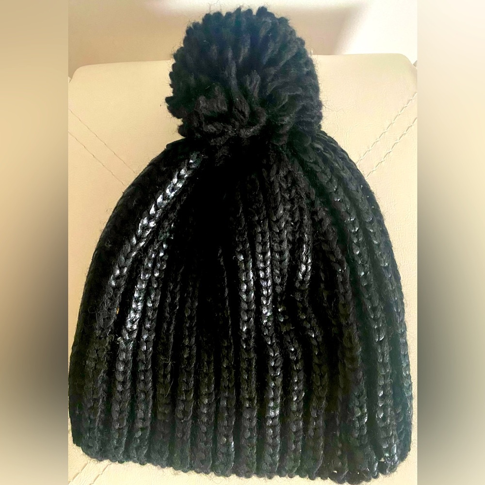 Black Tonal Metallic Knit Beanie with Pom Pom